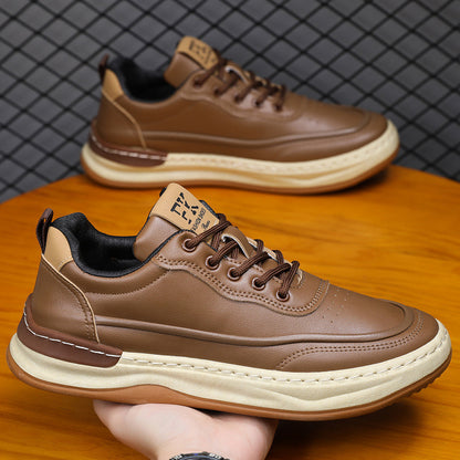 Zapatos de cuero para hombre, con suela blanda, cordones y puntera redondeada