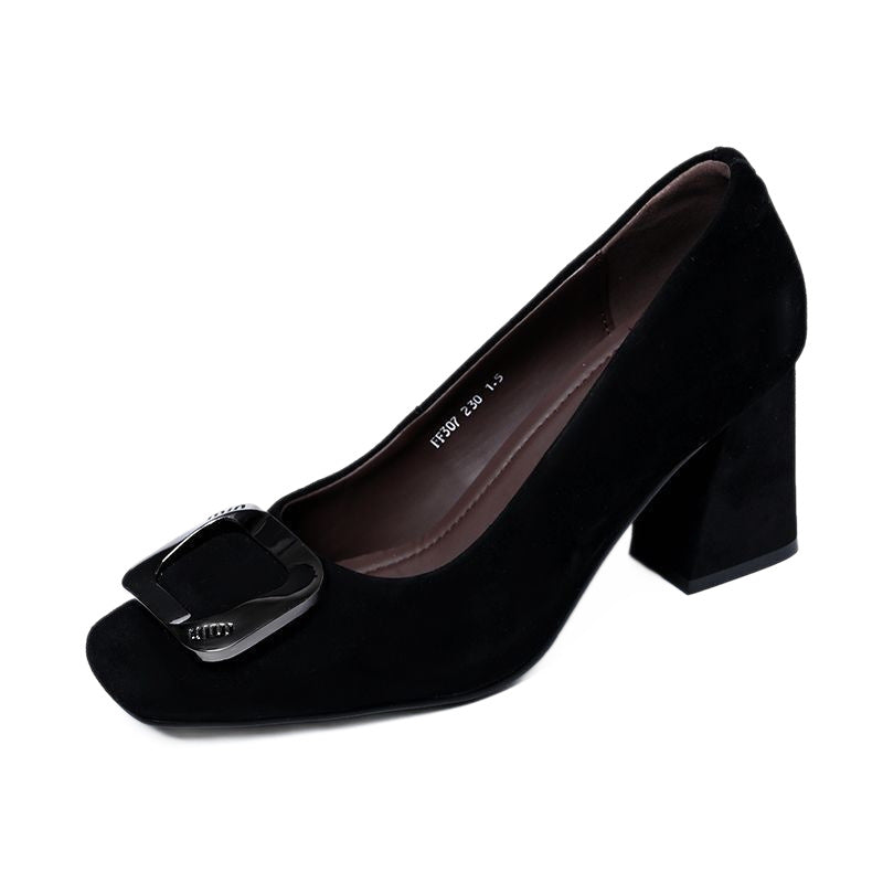 Zapatos de ante con tacón en bloque y hebilla cuadrada para mujer