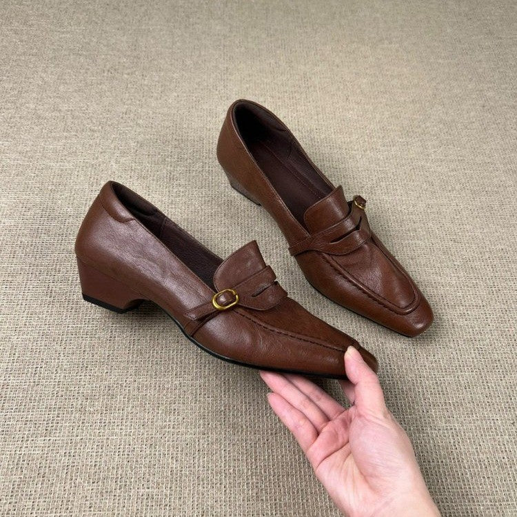 Mocasines retro de mujer con punta cuadrada y tacón en bloque