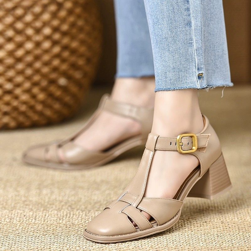 Zapatos de Piel Elegantes con Tacón Ancho para Mujer