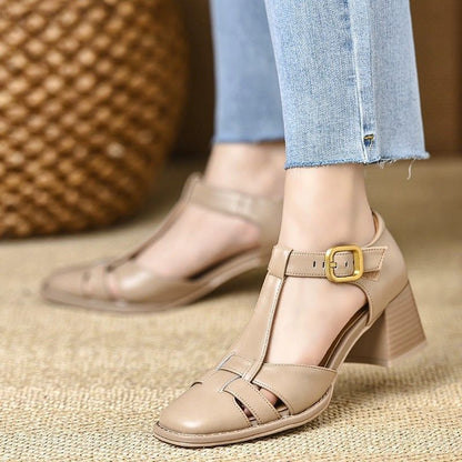 Zapatos de Piel Elegantes con Tacón Ancho para Mujer