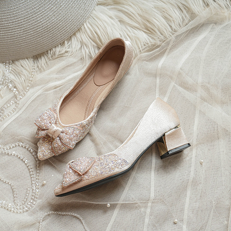 Zapatos de tacón cuadrado con lazo para mujer