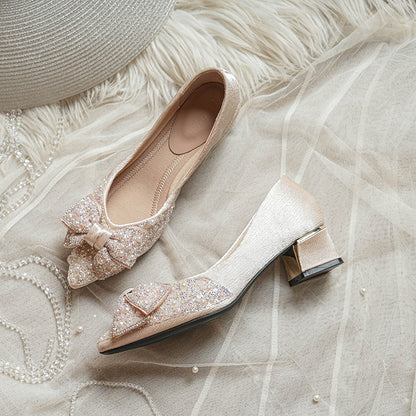 Zapatos de tacón cuadrado con lazo para mujer