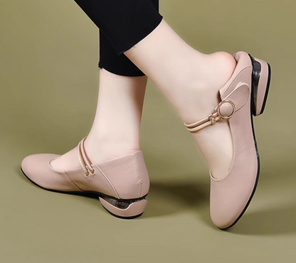 Zapatos de cuero para mujer de punta redonda y tacón de bloque