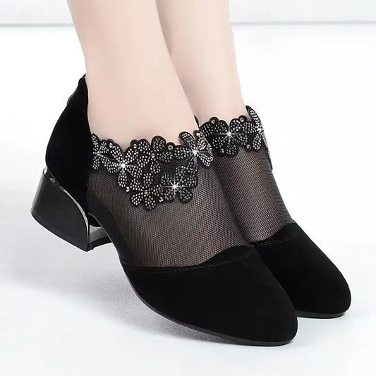 🐂Cuero🐂Tacones bajos con flores de diamante hueco